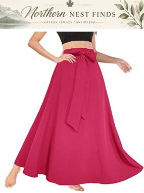 Women's High Waist A-Line Flowy Pleated Maxi Skirt with Pockets Tie Front